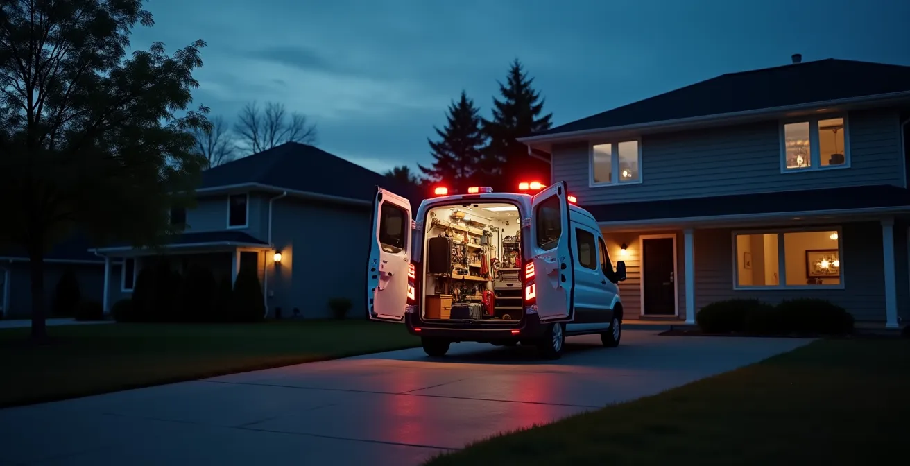 Camion de service d'urgence plomberie stationné devant une maison la nuit