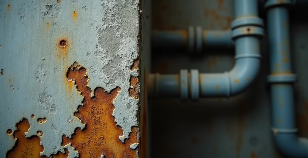 Détail de moisissures se développant sur un mur de sous-sol humide