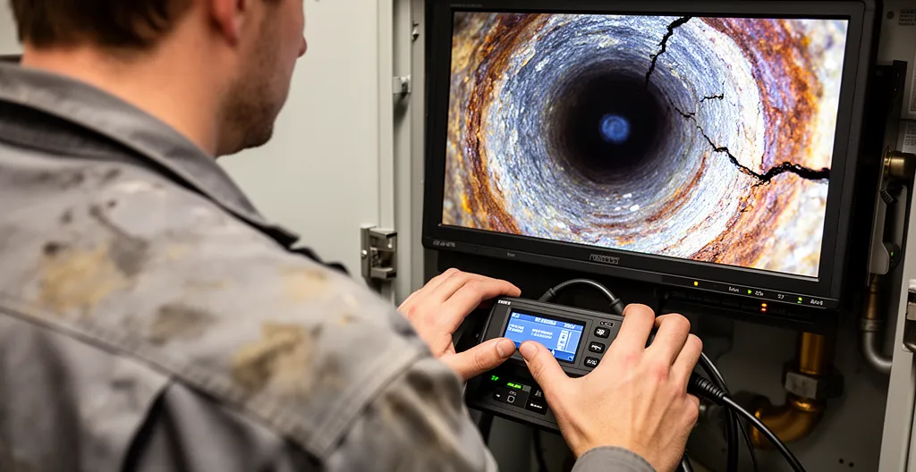 Technicien consultant l'écran de diagnostic montrant l'intérieur d'une canalisation