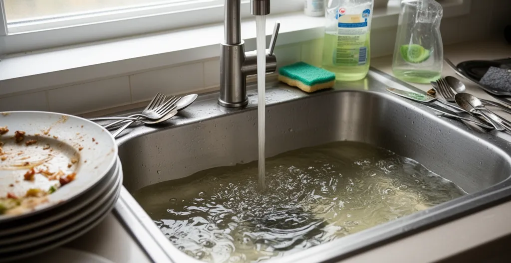 Évier de cuisine avec eau stagnante dans la vasque, robinet ouvert