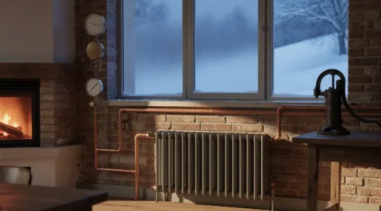 Maison française avec poêle à bois, panneaux solaires et réservoirs d'eau lors d'une coupure électrique