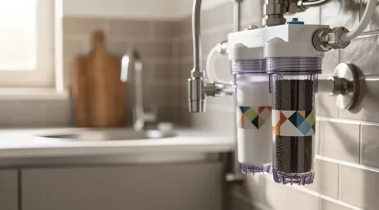 Vue en gros plan d'une cartouche filtrante à charbon actif dans une cuisine française moderne avec détail sur les granulés et bloc de filtration