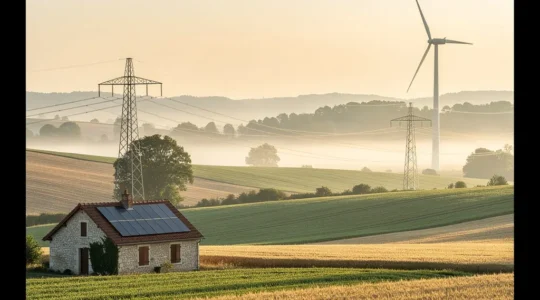 Paysage énergétique français mêlant éolienne moderne et lignes électriques avec vue sur la campagne