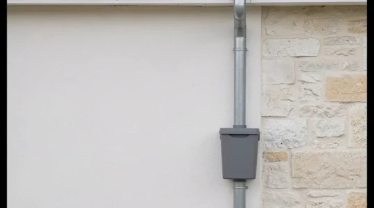 Vue détaillée d'un collecteur filtrant installé sur une gouttière en zinc d'une maison française traditionnelle