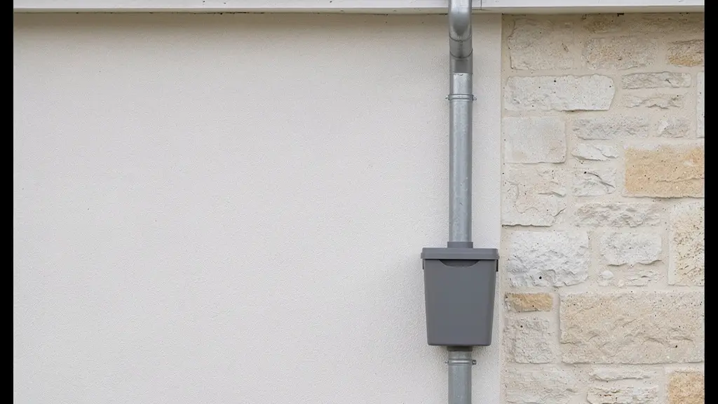 Vue détaillée d'un collecteur filtrant installé sur une gouttière en zinc d'une maison française traditionnelle