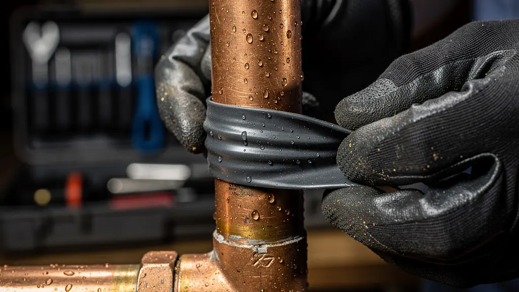 Mains appliquant une bande de réparation sur un tuyau de cuivre qui fuit