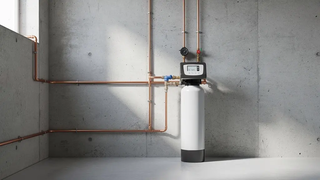 Vue d'ensemble d'un local technique avec adoucisseur installé