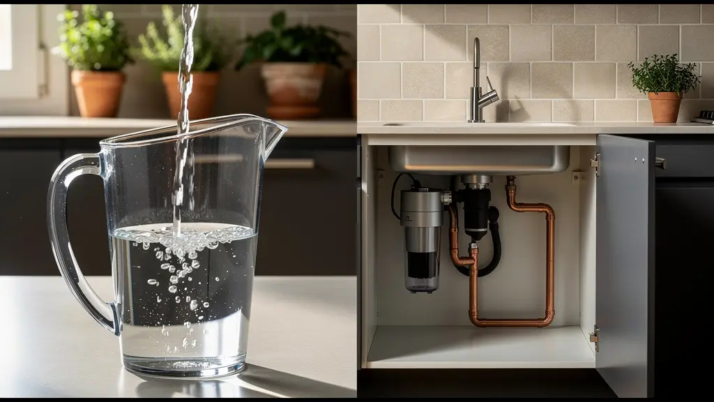 Plan de travail de cuisine avec carafe filtrante à gauche et système de filtration sous évier visible à droite dans un placard ouvert