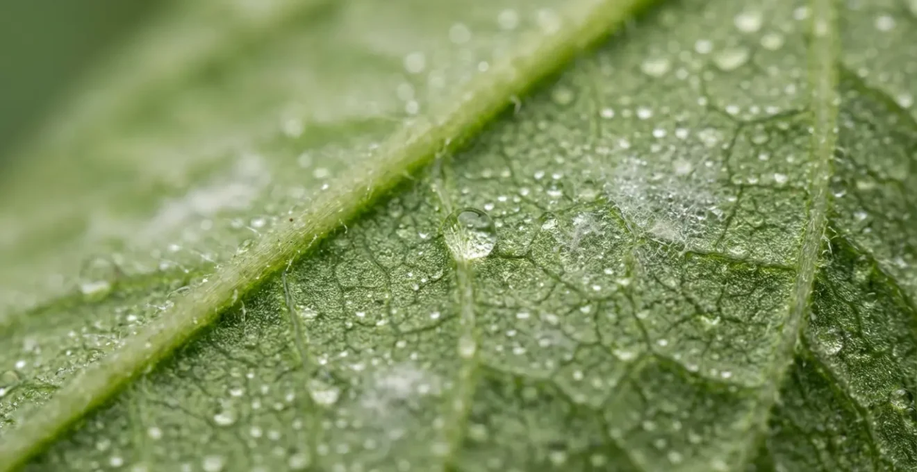 Vue macro de gouttelettes d'eau sur feuille de tomate avec début de mildiou
