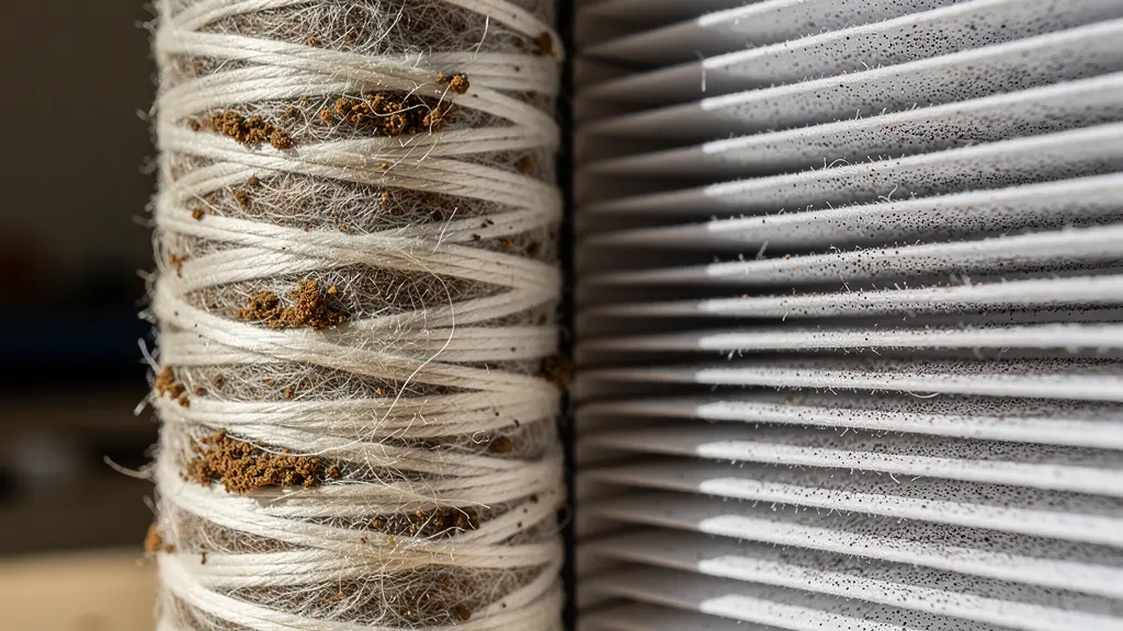 Vue macro comparative d'un filtre bobiné et d'un filtre plissé avec accumulation de sédiments