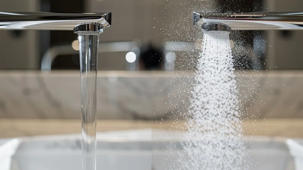 Comparaison visuelle entre un jet d'eau laminaire transparent et un jet aéré mousseux