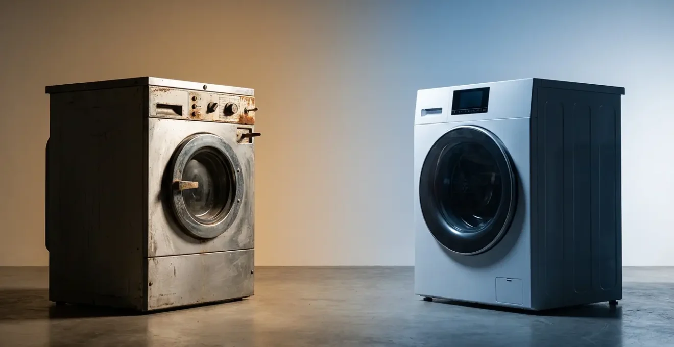 Comparaison visuelle entre un lave-linge moderne classe A et un ancien modèle montrant l'évolution technologique