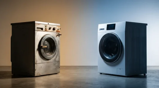 Comparaison visuelle entre un lave-linge moderne classe A et un ancien modèle montrant l'évolution technologique