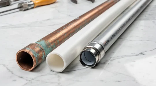 Comparaison visuelle des trois types de matériaux de plomberie : PER, multicouche et cuivre pour une installation moderne
