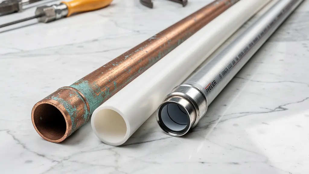 Comparaison visuelle des trois types de matériaux de plomberie : PER, multicouche et cuivre pour une installation moderne