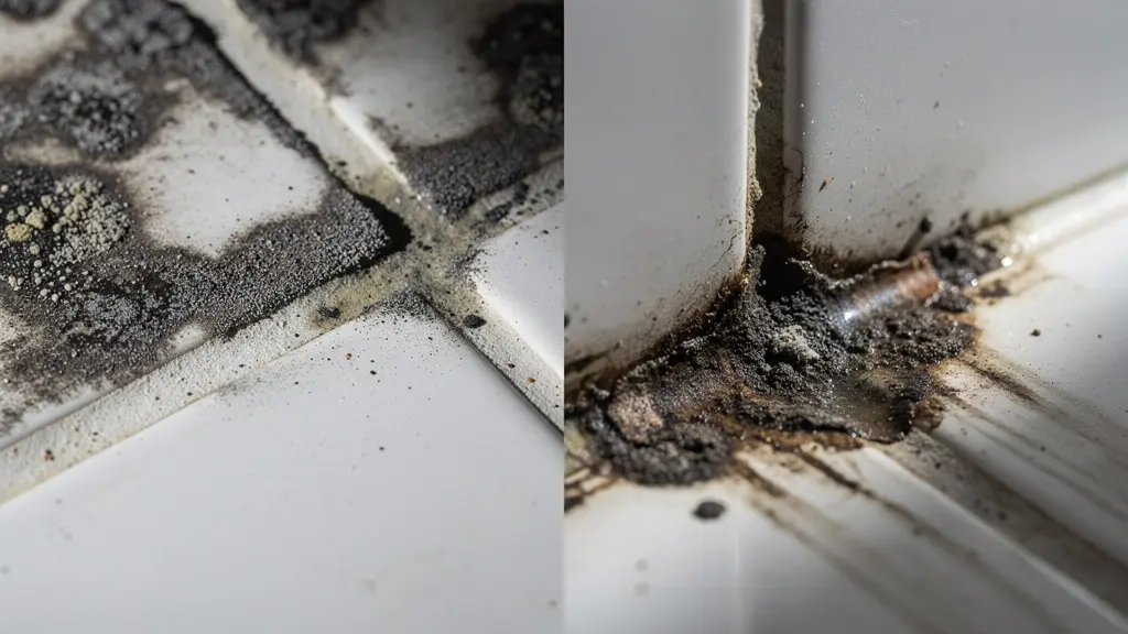 Comparaison visuelle entre moisissures dues à la ventilation et celles causées par une infiltration d'eau