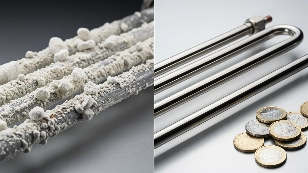 Comparaison côte à côte d'une résistance entartrée et d'une résistance propre sur fond neutre