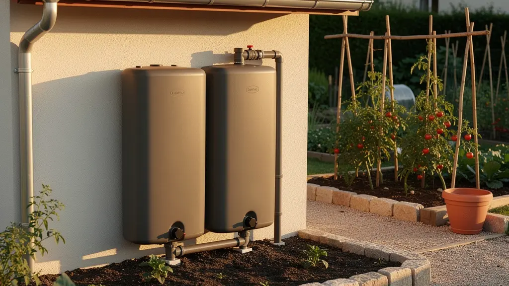 Deux cuves de récupération d'eau reliées par un tuyau de jonction dans un jardin
