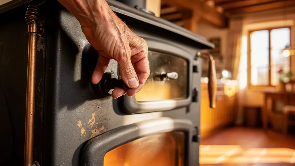 Cuisinière à bois avec serpentin bouilleur dans une cuisine traditionnelle française