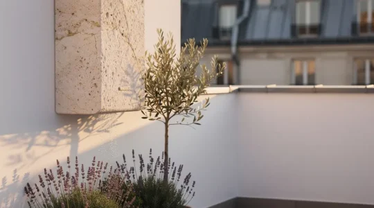 Installation d'une cuve murale au design moderne en pierre naturelle sur une terrasse d'appartement avec vue sur les toits parisiens