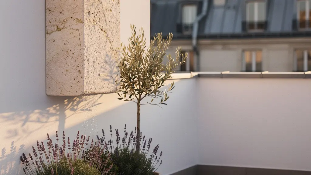 Installation d'une cuve murale au design moderne en pierre naturelle sur une terrasse d'appartement avec vue sur les toits parisiens