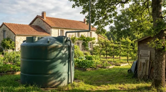 Vue d'ensemble d'une cuve de récupération d'eau de pluie installée dans un jardin français verdoyant, montrant le système complet avec gouttières et tuyaux de raccordement