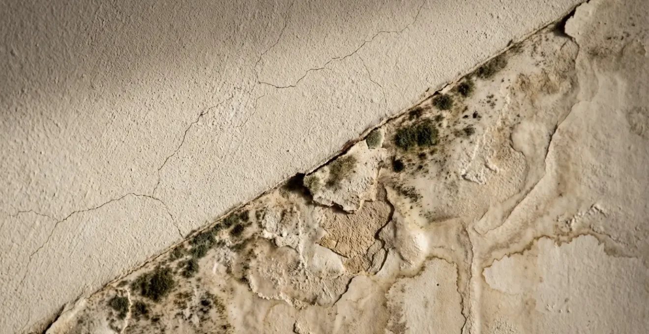 Mur intérieur présentant des traces d'humidité et de moisissure dues à une fuite d'eau prolongée