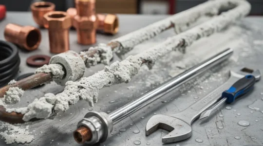 Résistance de chauffe-eau électrique recouverte de tartre blanc avec outils d'entretien et pièces de rechange sur établi