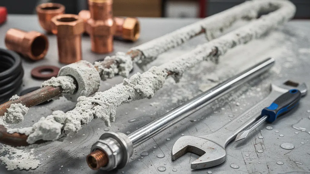 Résistance de chauffe-eau électrique recouverte de tartre blanc avec outils d'entretien et pièces de rechange sur établi