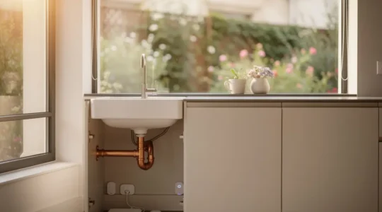 Système de détection de fuite d'eau connecté protégeant une maison moderne pendant l'absence des propriétaires
