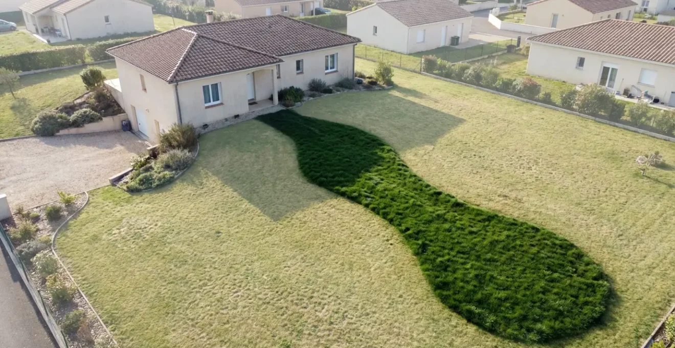 Vue aérienne d'une maison avec une zone de jardin verdoyante révélant une fuite d'eau souterraine