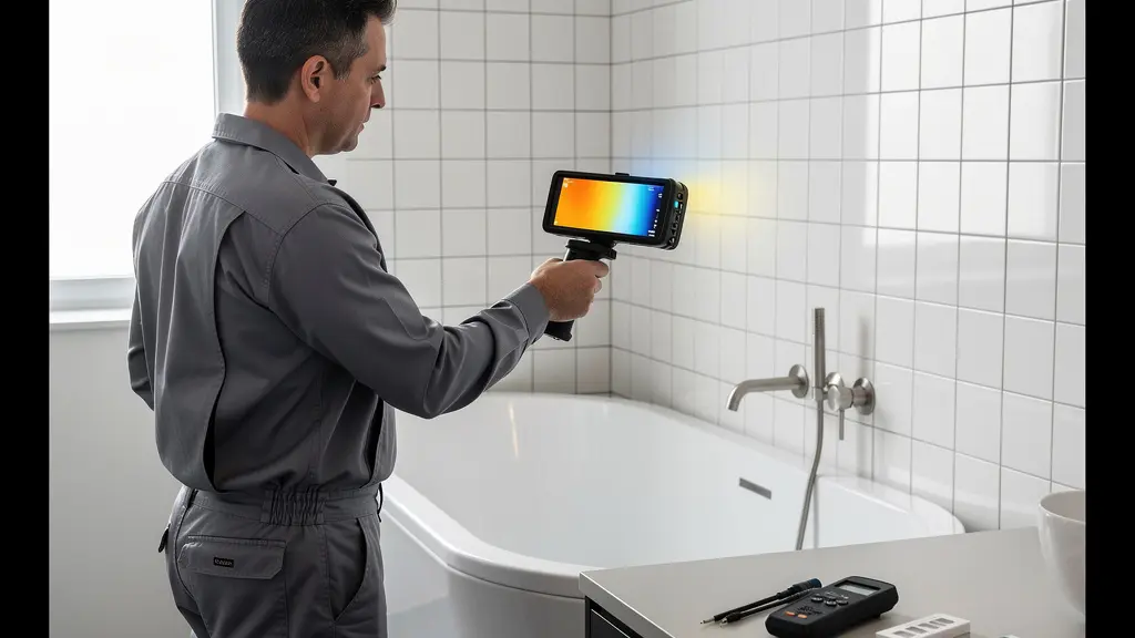 Détection moderne d'infiltration d'eau derrière un mur carrelé avec équipements professionnels