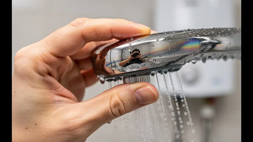 Main ajustant le débit d'une douchette économique près d'un chauffe-eau moderne