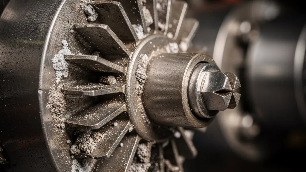 Vue macro détaillée de l'intérieur d'une pompe de relevage montrant turbine et clapet