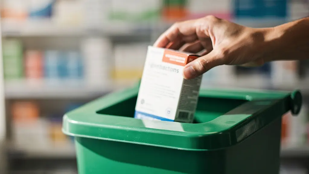 Main déposant une boîte de médicaments floutée dans un bac de collecte Cyclamed en pharmacie.