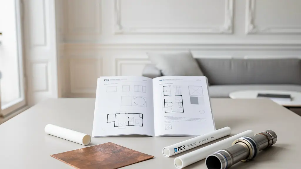 Dossier technique de plomberie préparé pour une vente immobilière avec documents et échantillons de matériaux