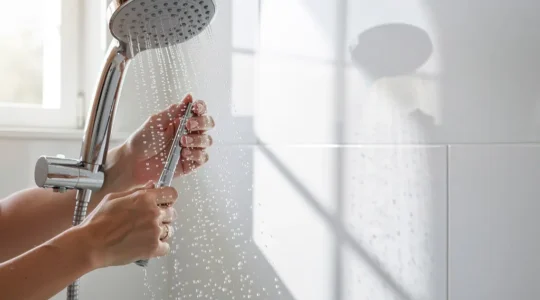 Installation d'une douchette économique avec bouton stop dans une salle de bain moderne française