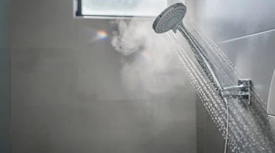 Jet d'eau puissant et aéré d'une douchette Venturi avec micro-gouttelettes en suspension dans l'air