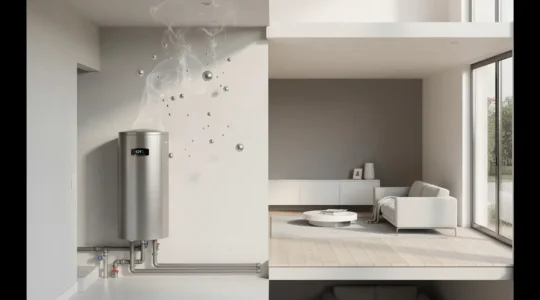 Vue en perspective d'un système d'eau chaude domestique avec représentation des émissions de CO2