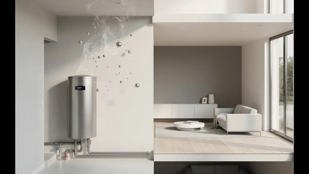 Vue en perspective d'un système d'eau chaude domestique avec représentation des émissions de CO2