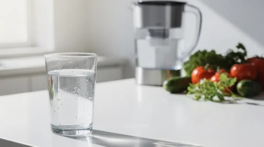 Verre d'eau cristalline posé sur un plan de travail moderne avec carafe filtrante et légumes frais en arrière-plan flou