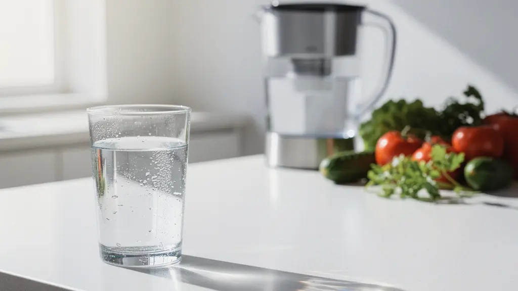 Verre d'eau cristalline posé sur un plan de travail moderne avec carafe filtrante et légumes frais en arrière-plan flou