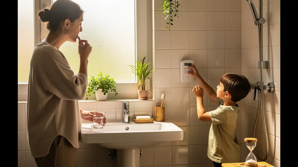 Salle de bain moderne avec famille adoptant des écogestes pour économiser l'eau et l'énergie