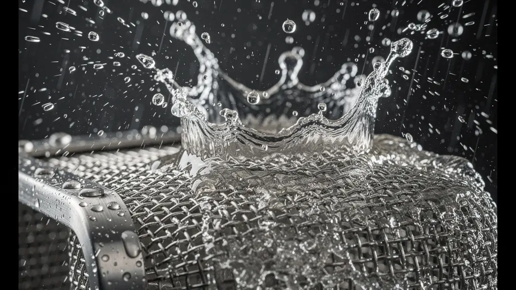 Gros plan sur l'effet splash de l'eau rebondissant sur un filtre de collecteur saturé