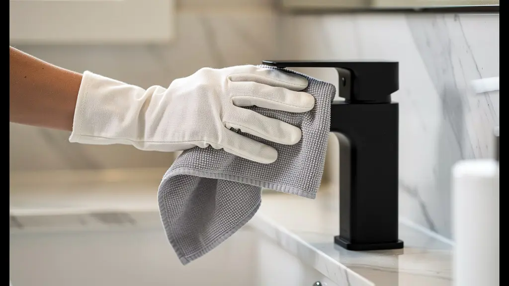 Main avec microfibre essuyant délicatement un robinet noir mat dans une salle de bain moderne