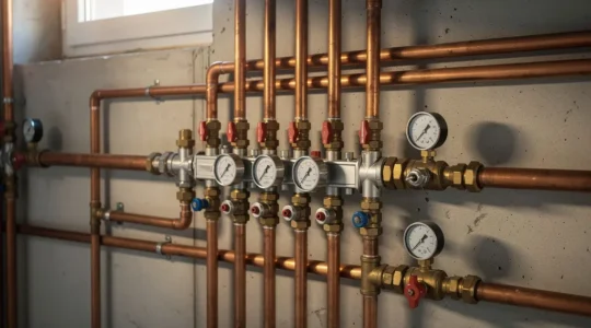 Vue d'un système hydraulique de chauffage avec vannes d'équilibrage et collecteur dans une maison française pour illustrer les économies d'énergie