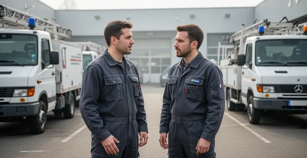 Deux techniciens eau échangeant sur le planning du jour près de véhicules utilitaires