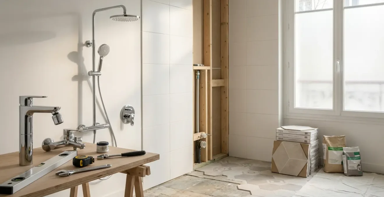 Vue détaillée d'équipements de plomberie économes certifiés NF installés dans une salle de bain moderne rénovée