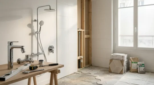 Vue détaillée d'équipements de plomberie économes certifiés NF installés dans une salle de bain moderne rénovée