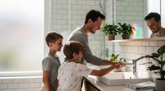 Une famille multigénérationnelle partage un moment de complicité dans une salle de bain lumineuse, avec des éléments visuels suggérant l'économie d'eau